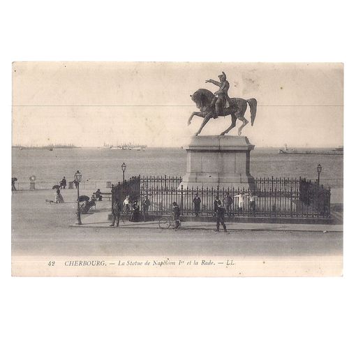 NAPOLEON'S STATUE AND SHIPS , CHERBOURG, FRANCE. unused antique postcard