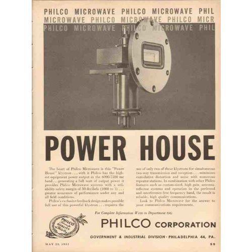 PHILCO CORP 1953 Power house klystron oil gas microwave vintage ad
