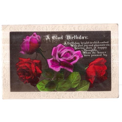 A GLAD BIRTHDAY .. used vintage postcard RP 1929 postmark roses