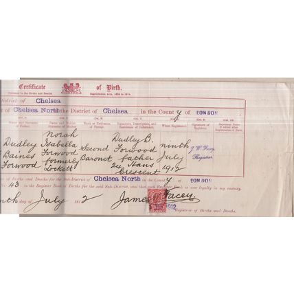 1912 BIRTH CERTIFICATE for Dudley Richard Forwood born 1912,Chelsea. =