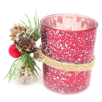 Christmas Red Glass Tea Light Holders with Winter Berry & Cone Decoration 6.5 CM