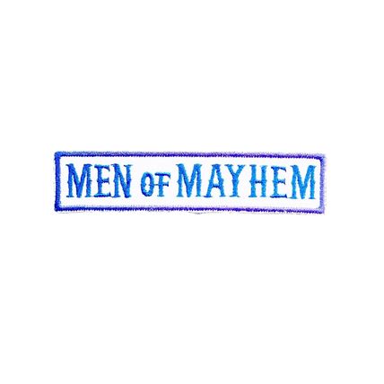 Biker Patch Mayhem Badge Iron On Blue & White 2cm x 9.7cm Motif Applique P595