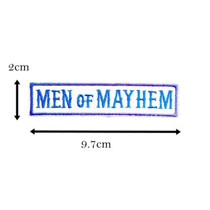 Biker Patch Mayhem Badge Iron On Blue & White 2cm x 9.7cm Motif Applique P595