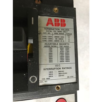 ABB RT-928 CIRCUIT BREAKER,400 A,3-POLE,600 vac/500 vdc,ABB TYPE JS,CU7AL 75C,TA