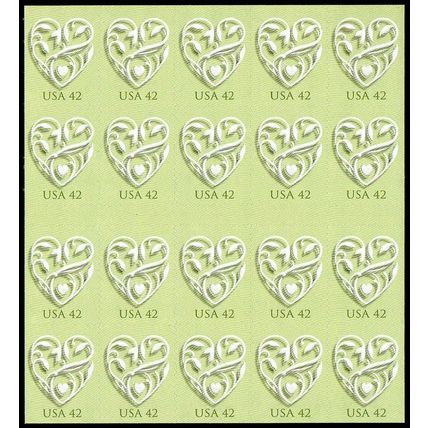 Heart Full Pane of Twenty 42 Cent Postage Stamps Scott 4271