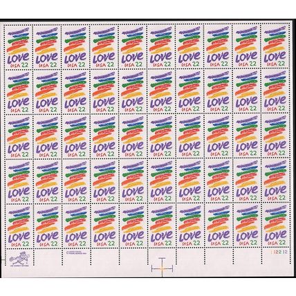 Love Crayon Wedding Sheet of Fifty 22 Cent Postage Stamps Scott 2143