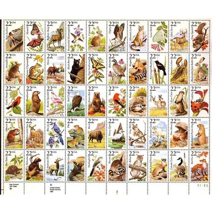 North American Wildlife Complete Sheet of Fifty 22¢ Stamps Scott 2286-35