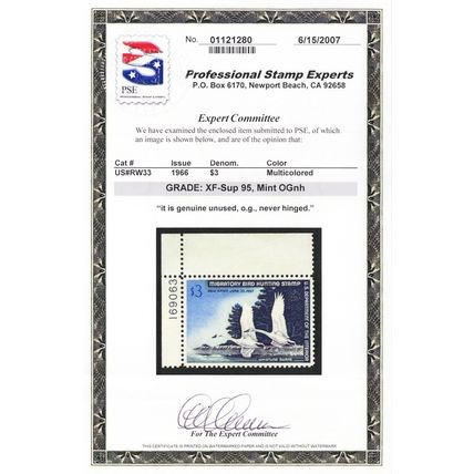 RW33, Mint XF/Superb NH $3 Duck PL# Stamp - PSE Graded 95 * Stuart Katz