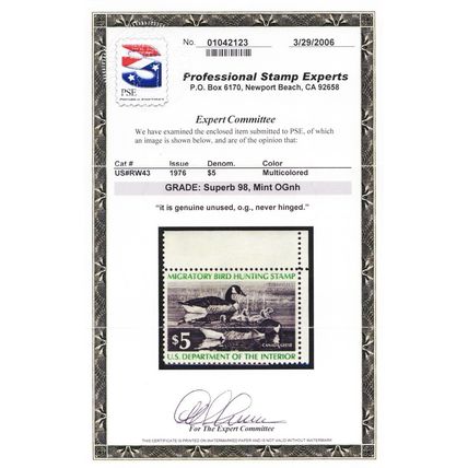 RW43, Mint Superb NH $5 Duck Stamp - PSE Graded 98 * Stuart Katz