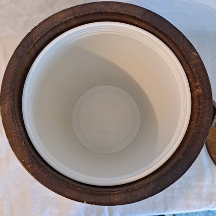 Vintage WOOD ICE BUCKET Barrel Brass Lid & Liner Handle 8" Wooden Barware Holder