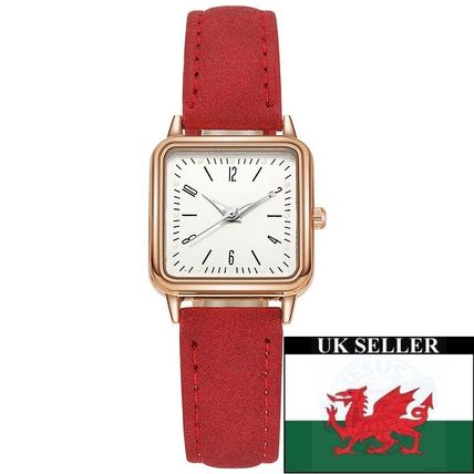 Ladies Small 2.3 cm White Square Face Steel Back Red Suedette Strap Watch