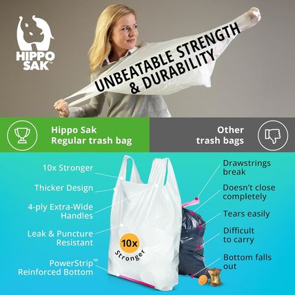Hippo Sak - Tall Kitchen Garbage Bags with Ergonomic Handles - 13 Gallon Trash B