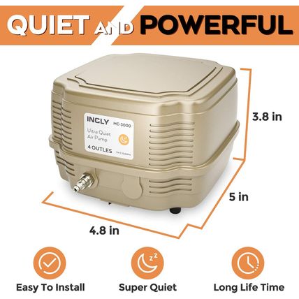 INCLY 7W Ultra Silent Aquarium Air Pump - 245 Gallon/Hr, 4 Adjustable Outlets -