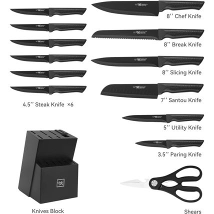 Knife Set, 15 Pcs Kitchen Knife Set with Block Self Sharpening, Dishwasher Safe,