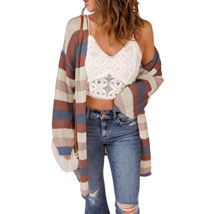 Blue Striped Color Block Hollowed Knit Cardigan