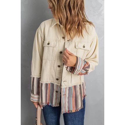 Button Up Pockets Striped Color Block Corduroy Jacket