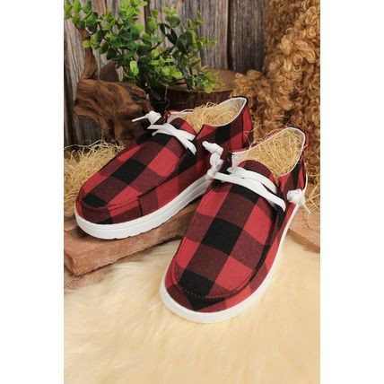 Red Vintage Plaid Lacing Decor Flat Shoes
