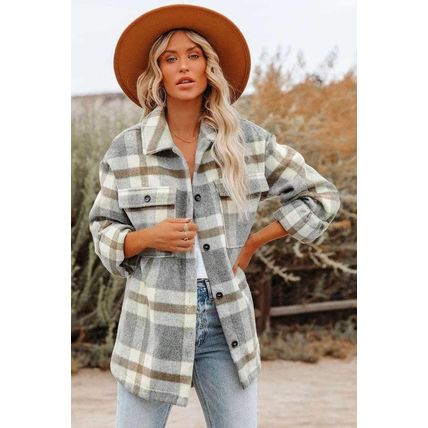 Brown Plaid Print Pocket Women Shacket