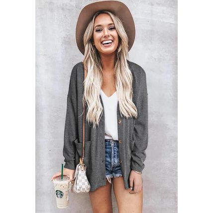 Gray Heather Knit Pocketed Button Front Cardigan