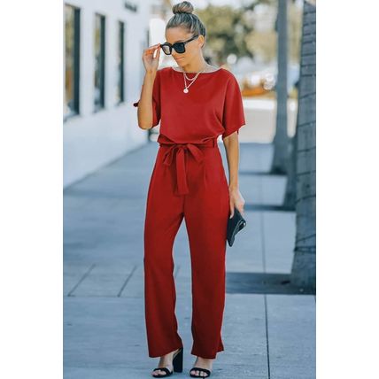 Red Belted Wide Leg Jumpsuit