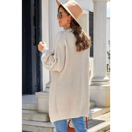 Khaki Open Front Cable Sleeve Long Cardigan