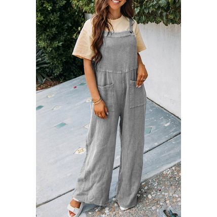 Gray Textured Wide Leg Overall with Pockets
