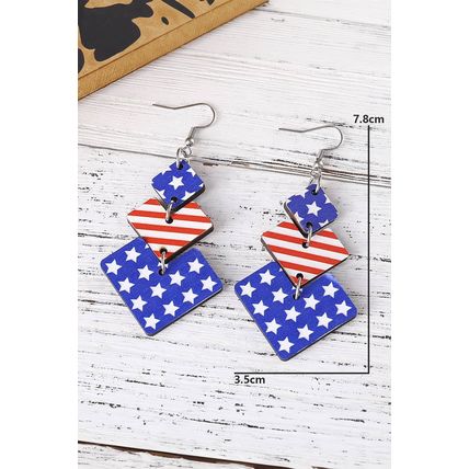 Dark Blue Geometric Wooden Star Stripe Flag Dangle Earrings