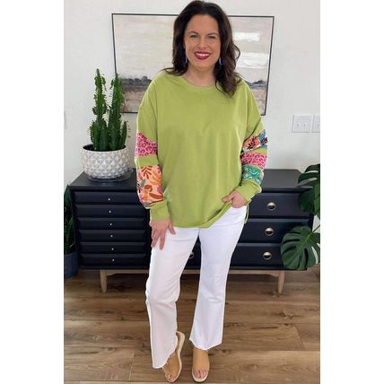 Green Plus Size Printed Patchwork Sleeve Split Sweatshirt