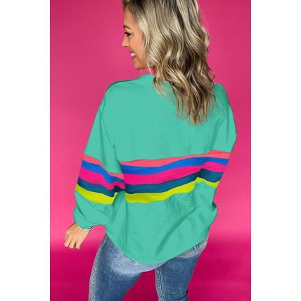 Green Colorful Striped Accent Long Sleeve T Shirt