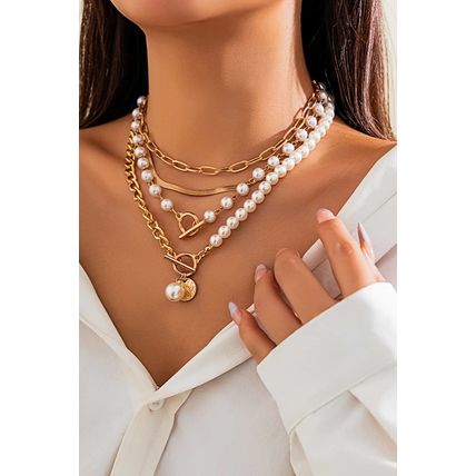 Gold Pearl Decor Plated Adjustable Chain Layered Necklace