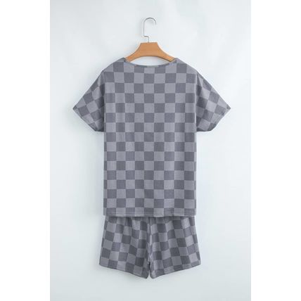 Gray Checkered V Neck Tee Drawstring Shorts Lounge Set