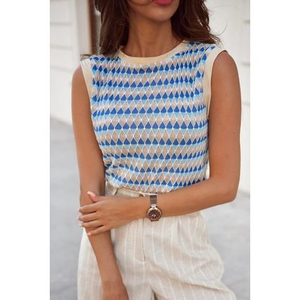 Sky Blue Stripe Geometric Print Round Neck Slim Fit Sweater Vest