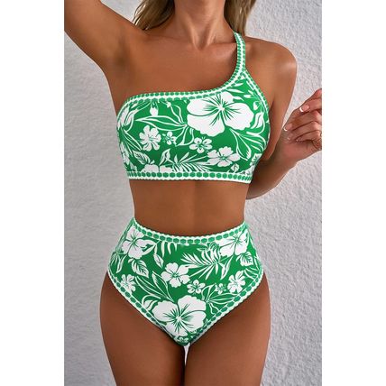 Green Floral Print One Shoulder High Waist Bikini Set