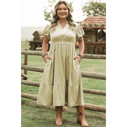 Laurel Green Notched V Neck Puff Sleeve Tiered Plus Size Maxi Dress