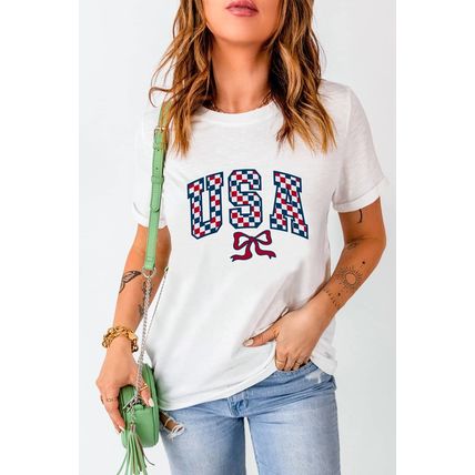 White Checkered USA Graphic Casual Tee