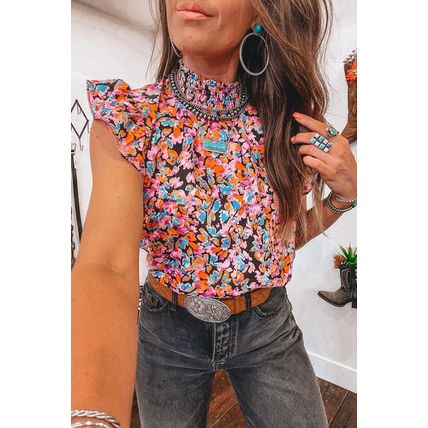 Orange Floral Print Flutter Sleeve Blouse Top