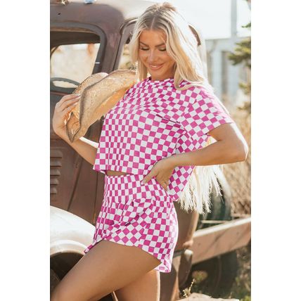 Pink Checkerboard T Shirt and High Waist Skorts 2 Piece Outfit