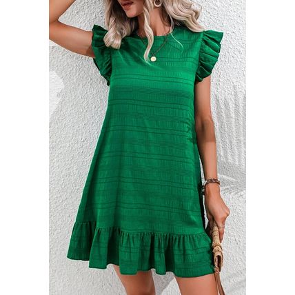 Dark Green Textured Flutter Sleeve Ruffled Mini Dress