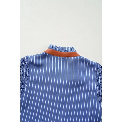 Sky Blue Stripe Frilly Split Neck Shirred Ruffle Sleeve Short Shift Dress