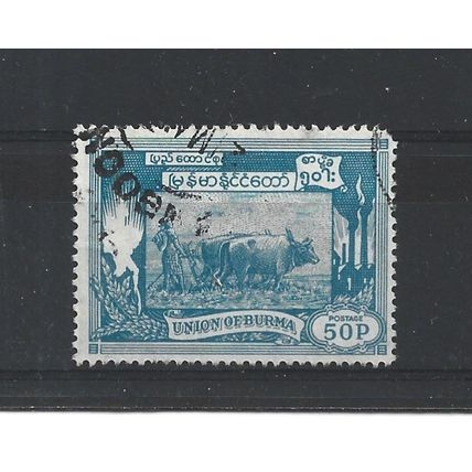 Burma.SG146 50p Ploughing paddy field with oxen (Blue).Fine Used.Jul25h