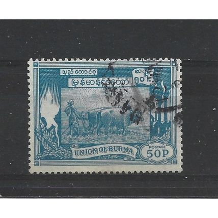 Burma.SG146 50p Ploughing paddy field with oxen (Blue).Fine Used.Jul25i