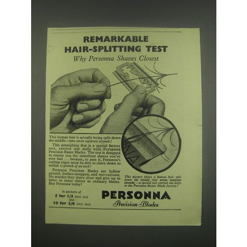 1949 Personna Precision Razor Blades Ad - Remarkable hair-splitting test