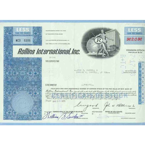 DE na Stock Certificate Company: Rollins International, Inc. ~66