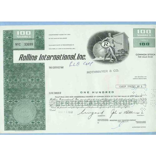 DE na Stock Certificate Company: Rollins International, Inc. ~68