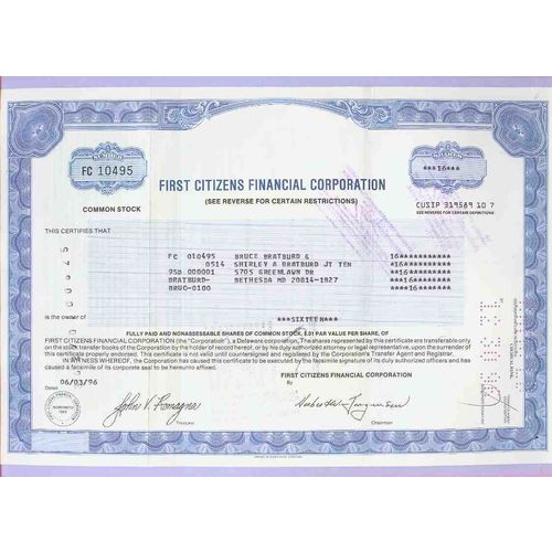 DE na Stock Certificate Company: First Citizens Financial Corporation ~35