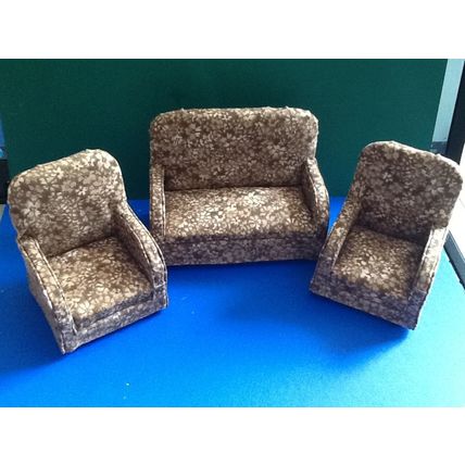 Brown Floral Sofa & 2 Armchairs 1:12th scale miniature