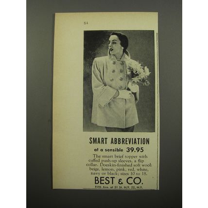 1950 Best & Co. Coat Ad - Smart Abbreviation at a sensible 39.95
