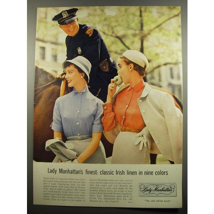 1955 Lady Manhattan Shirts Ad - Lady Manhattan's Finest: Classic Irish linen