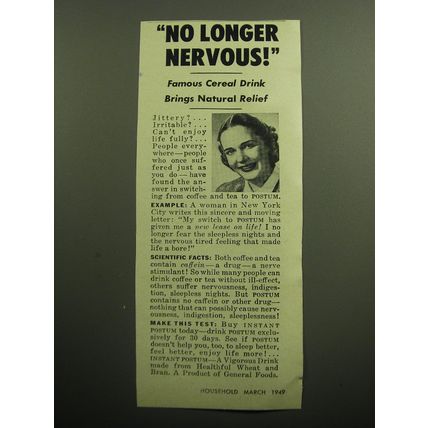 1949 General Foods Instant Postum Ad - No longer nervous!