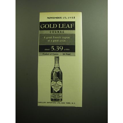 1958 Gold Leaf Cognac Advertisement - a great French Cognac at a great price